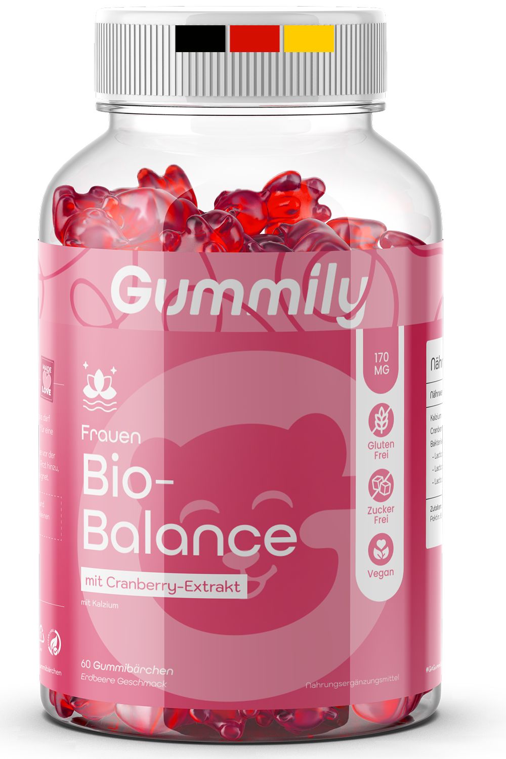 Gummily Frauen Bio-Balance Gummies Flasche mit 60 Gummibärchen, Cranberry-Extrakt.