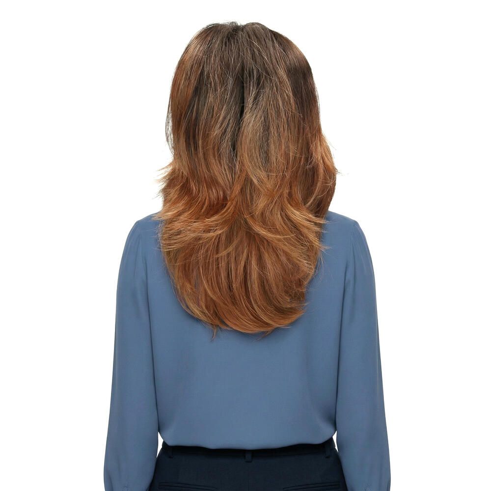 Rückansicht einer braunen Perücke mit geschichtetem Schnitt. Die Haare sind wellig.