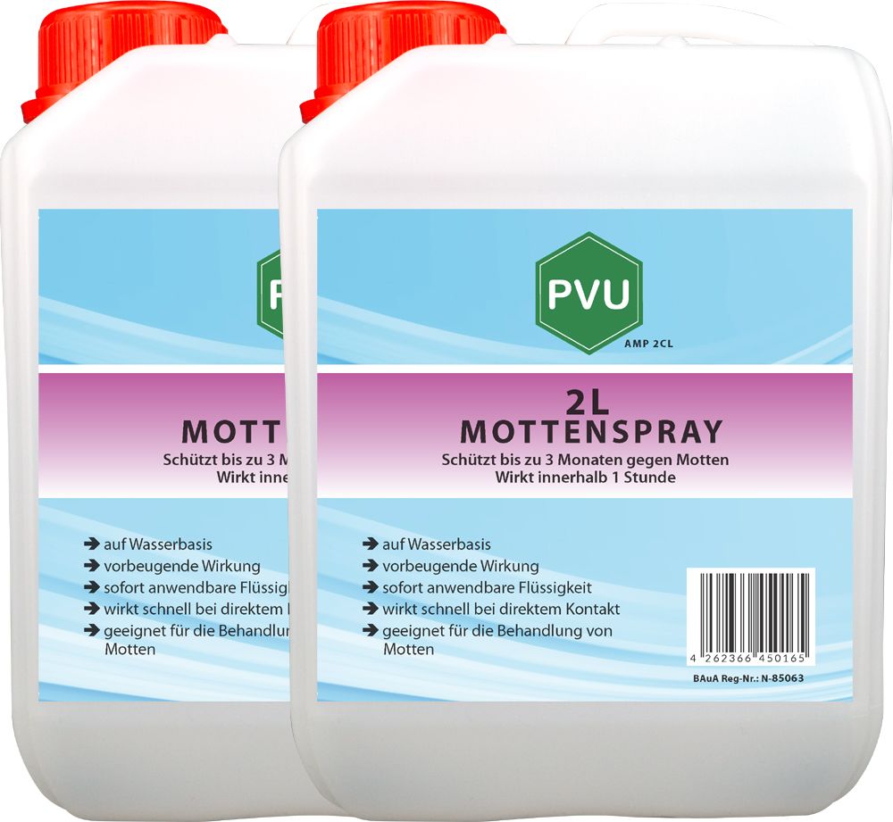 Zwei weiße Kanister mit rotem Deckel. Etikett mit PVU-Logo, Produktname und Text: 2L Mottenspray. Auf Wasserbasis, wirkt schnell.
