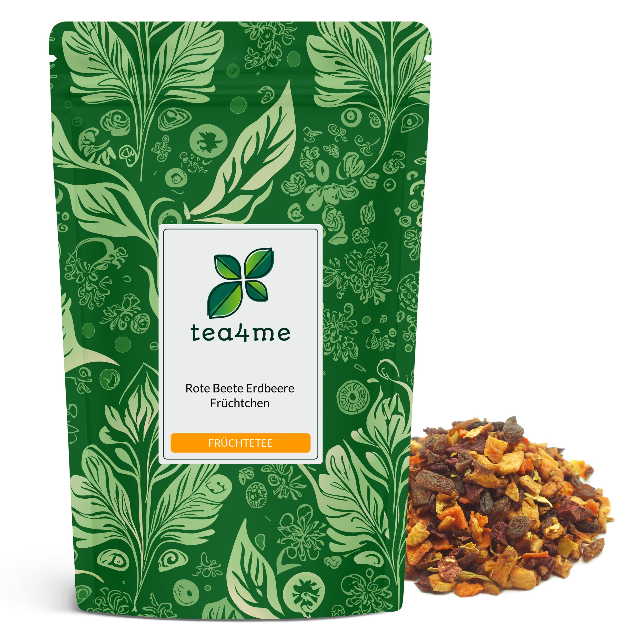 Grüner Beutel mit floralem Muster. Aufschrift: tea4me, Rote Beete Erdbeere Früchtchen Früchtetee. Daneben loser Früchtetee.