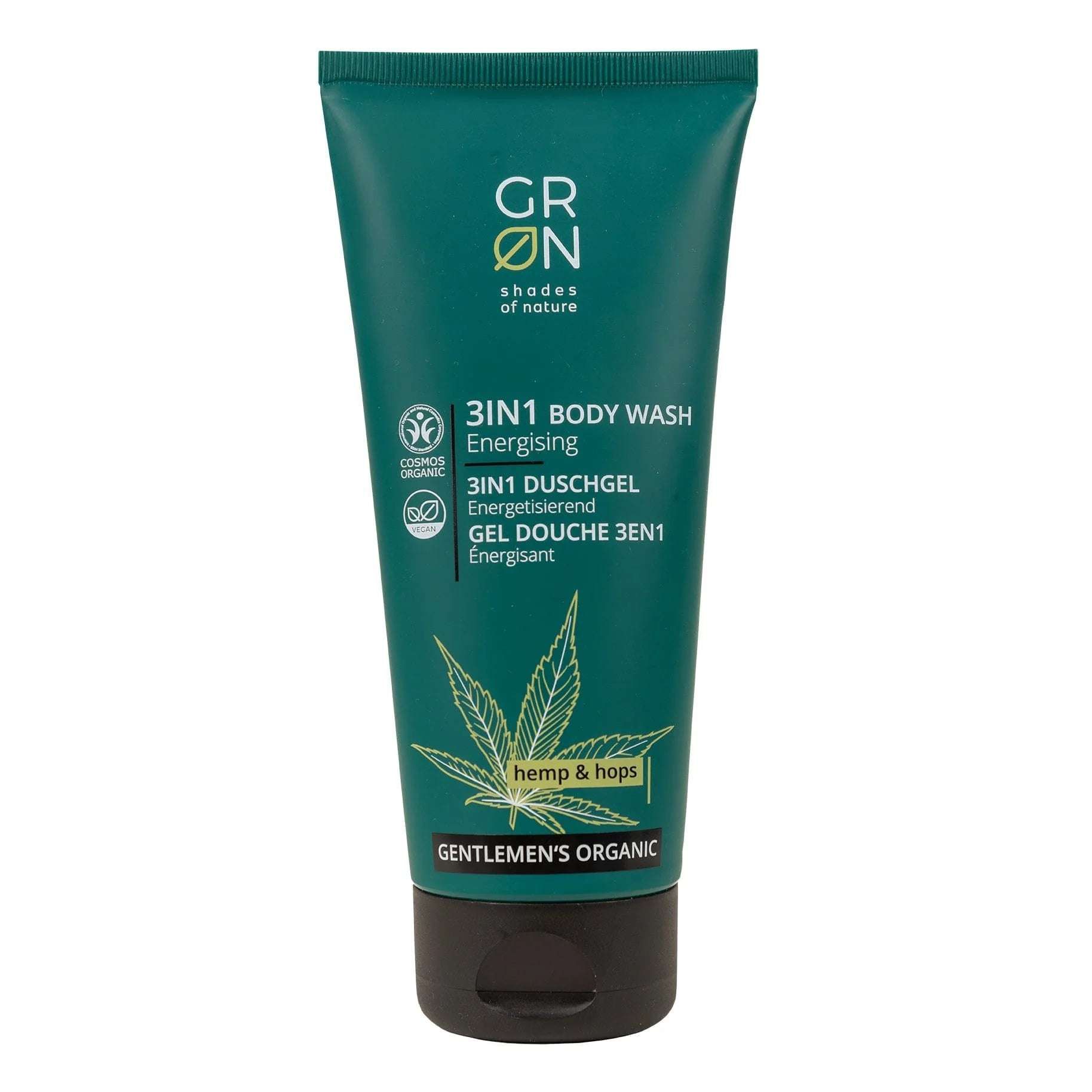 Grünes Tube mit schwarzem Deckel. Aufschrift: 3in1 Body Wash, Energising. Enthält Hanf & Hopfen. Gentlemen's Organic.
