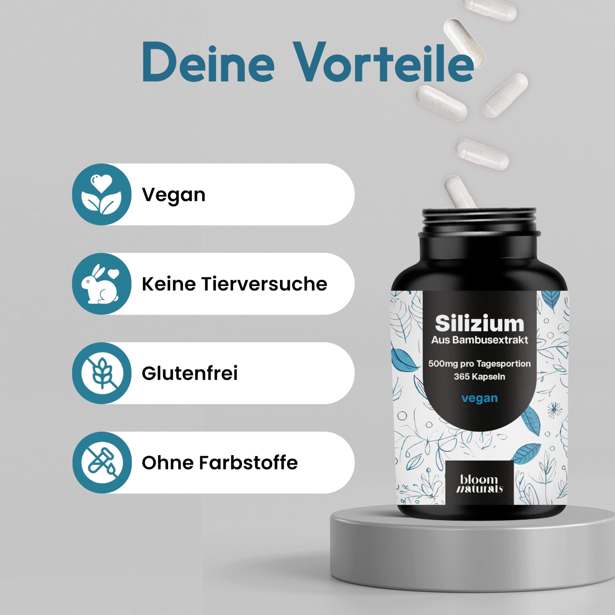 Produktflasche und Kapseln. Text: Deine Vorteile: Vegan, Keine Tierversuche, Glutenfrei, Ohne Farbstoffe.