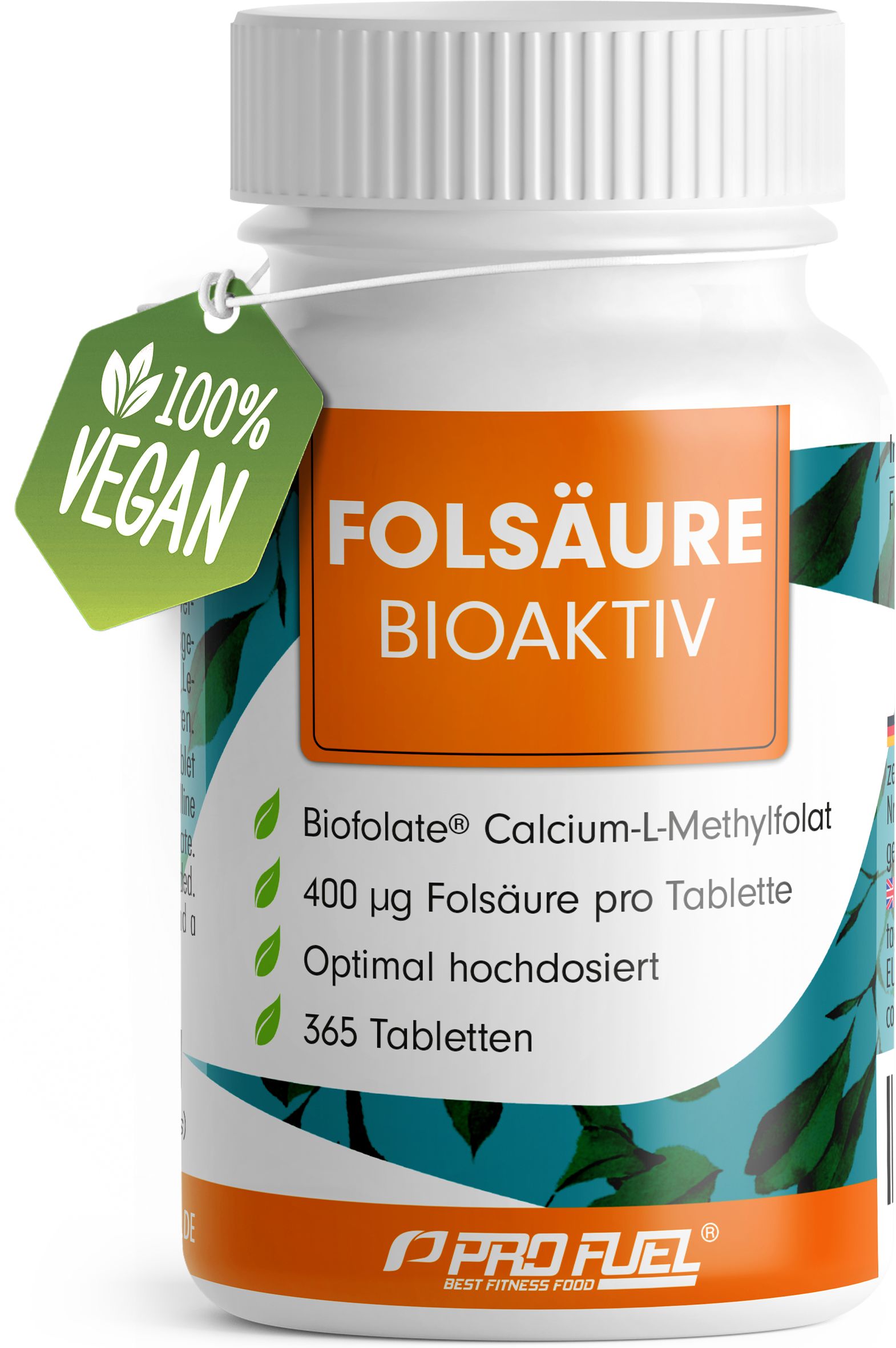 Weiße Flasche mit Folsäure BIOAKTIV Tabletten. Grün-weißes Etikett mit Produktinformationen und Vegan-Siegel.