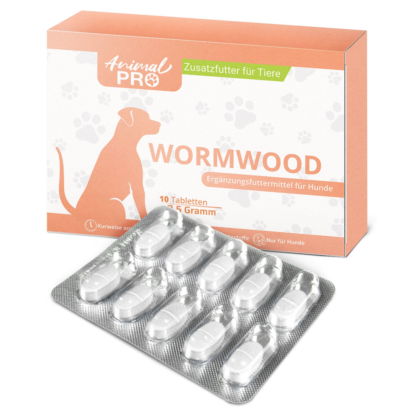 Packung Animal Pro Wormwood mit einer Blisterpackung Tabletten. Die Tabletten sind weiß.