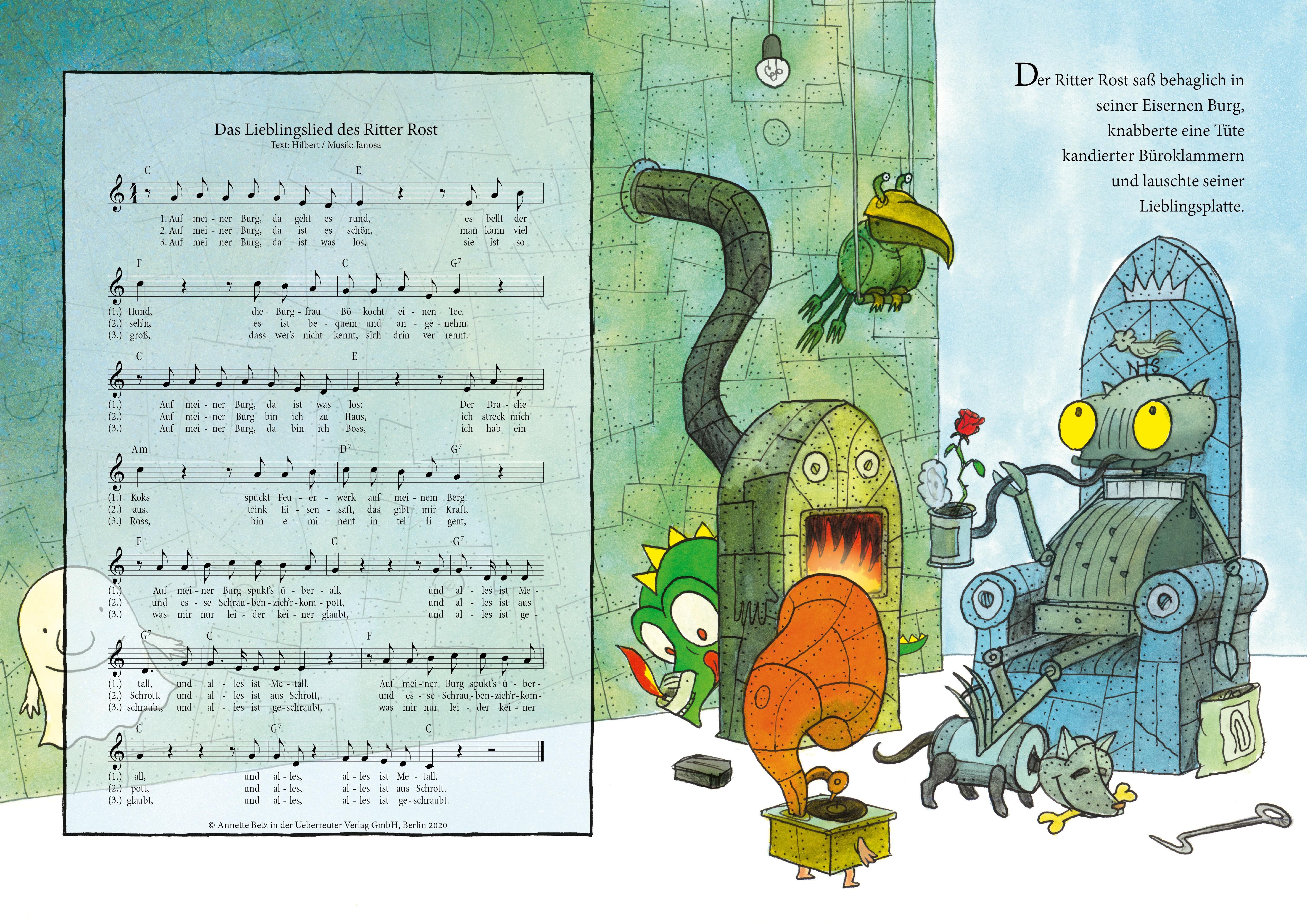 Doppelseite aus einem Buch. Links: Notenblatt. Rechts: Illustration mit Ritter Rost, Drache und anderen Figuren in einer Burg.