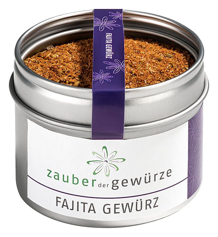 Runde Dose mit Fajita-Gewürz. Aufschrift: Zauber der Gewürze, Fajita Gewürz. Lila Band mit Schriftzug. Offene Dose mit Gewürzmischung.