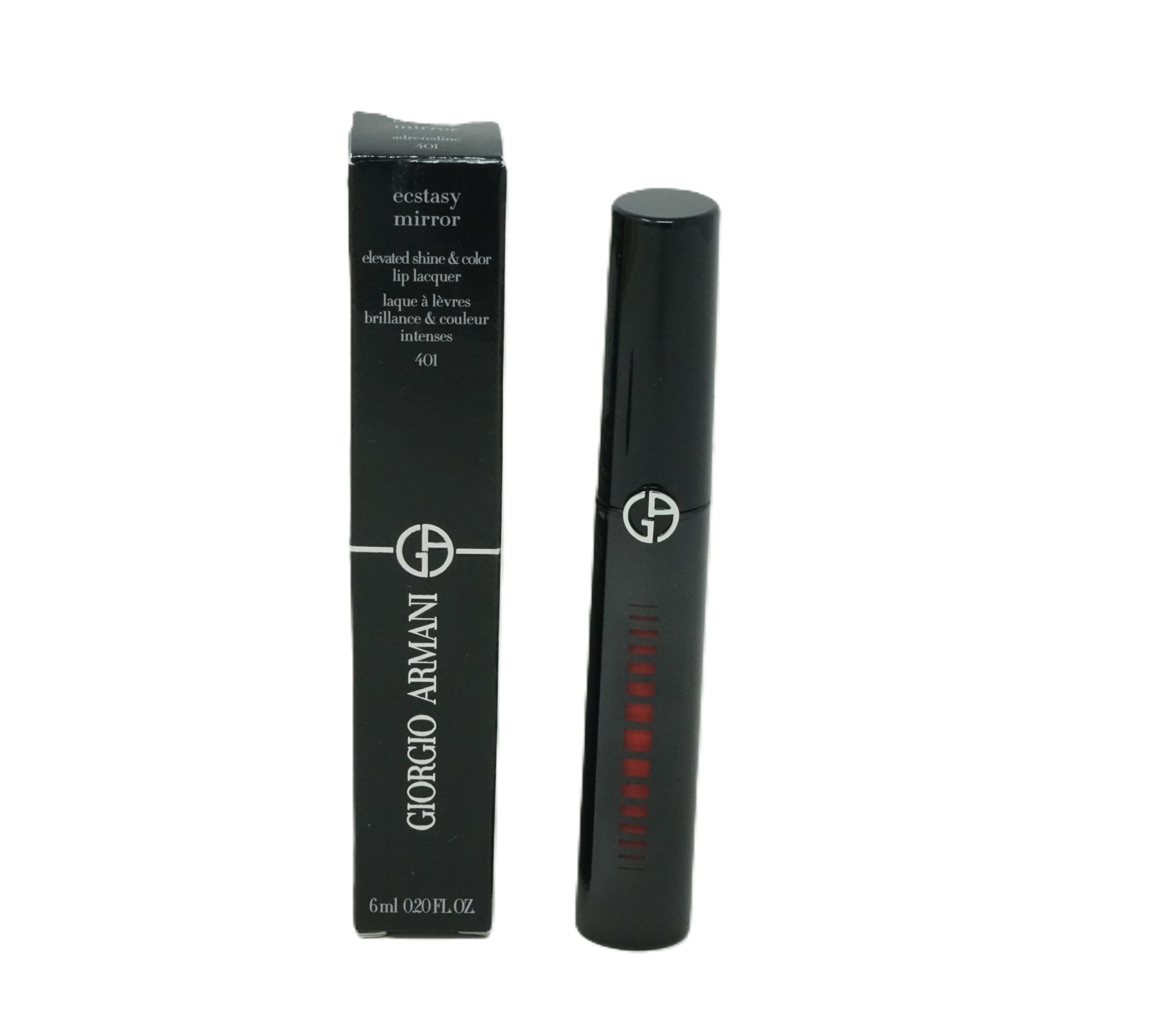 Schwarze Lipgloss-Tube und -Verpackung. Auf der Verpackung steht "Giorgio Armani". Auf der Tube ist das Logo abgebildet.