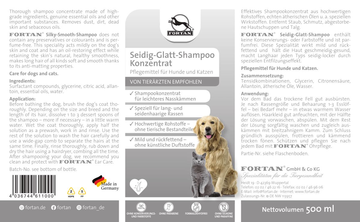 Etikett von FORTAN Seidig-Glatt-Shampoo. Text, Logo, Abbildungen von Hund und Katze. Hergestellt in Deutschland. 500 ml.