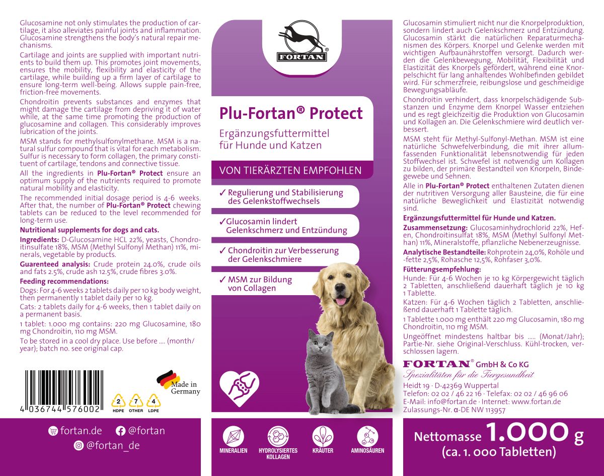 Rückseite der Verpackung. Text und Abbildungen von Hund und Katze. Aufschrift: Plu-Fortan Protect. Empfohlen von Tierärzten. Inhaltsstoffe und Dosierung.