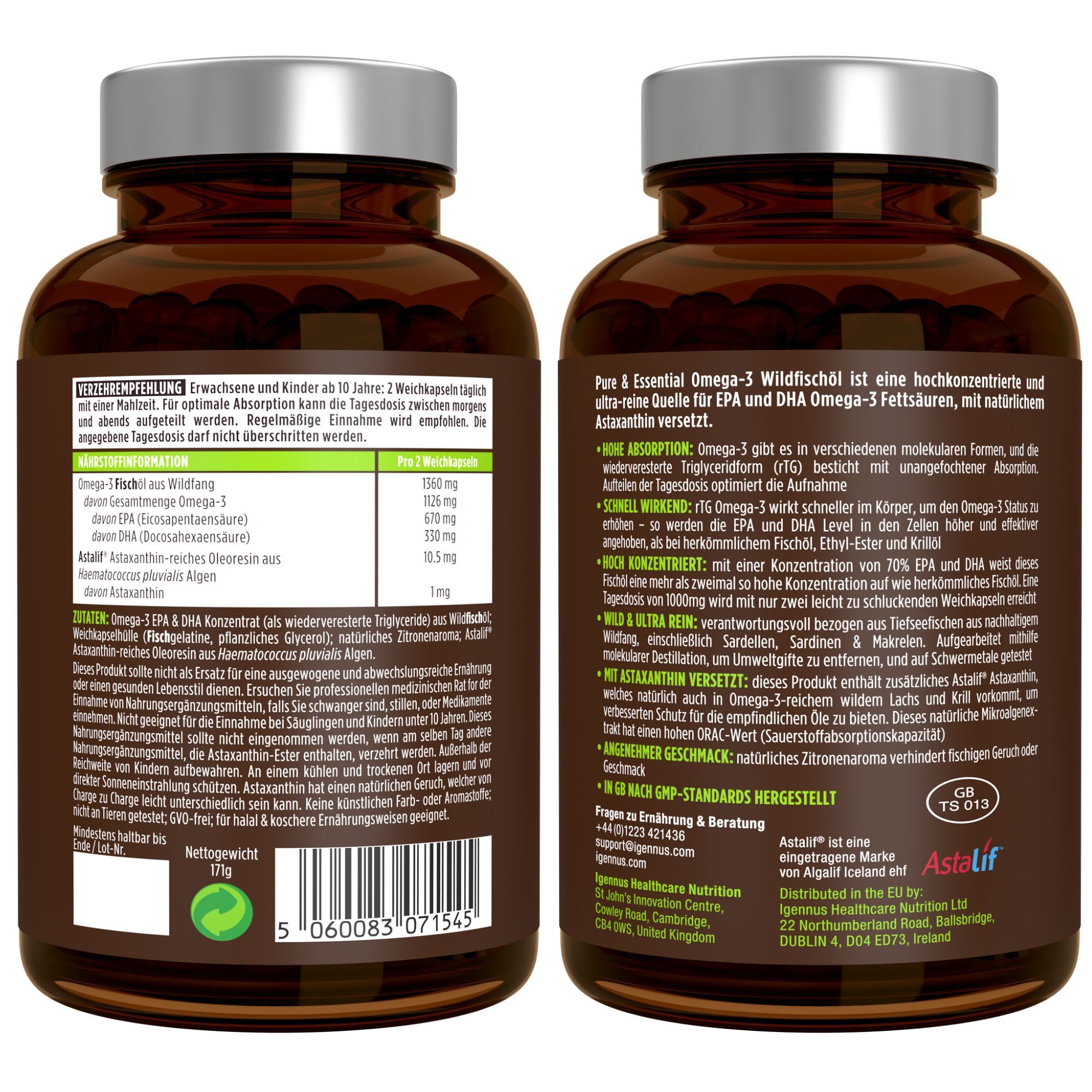 Italienische Beschreibung von Omega-3: Wildfischöl, Astaxanthin, 1000mg EPA & DHA, für Herz, Gehirn und Sehkraft.