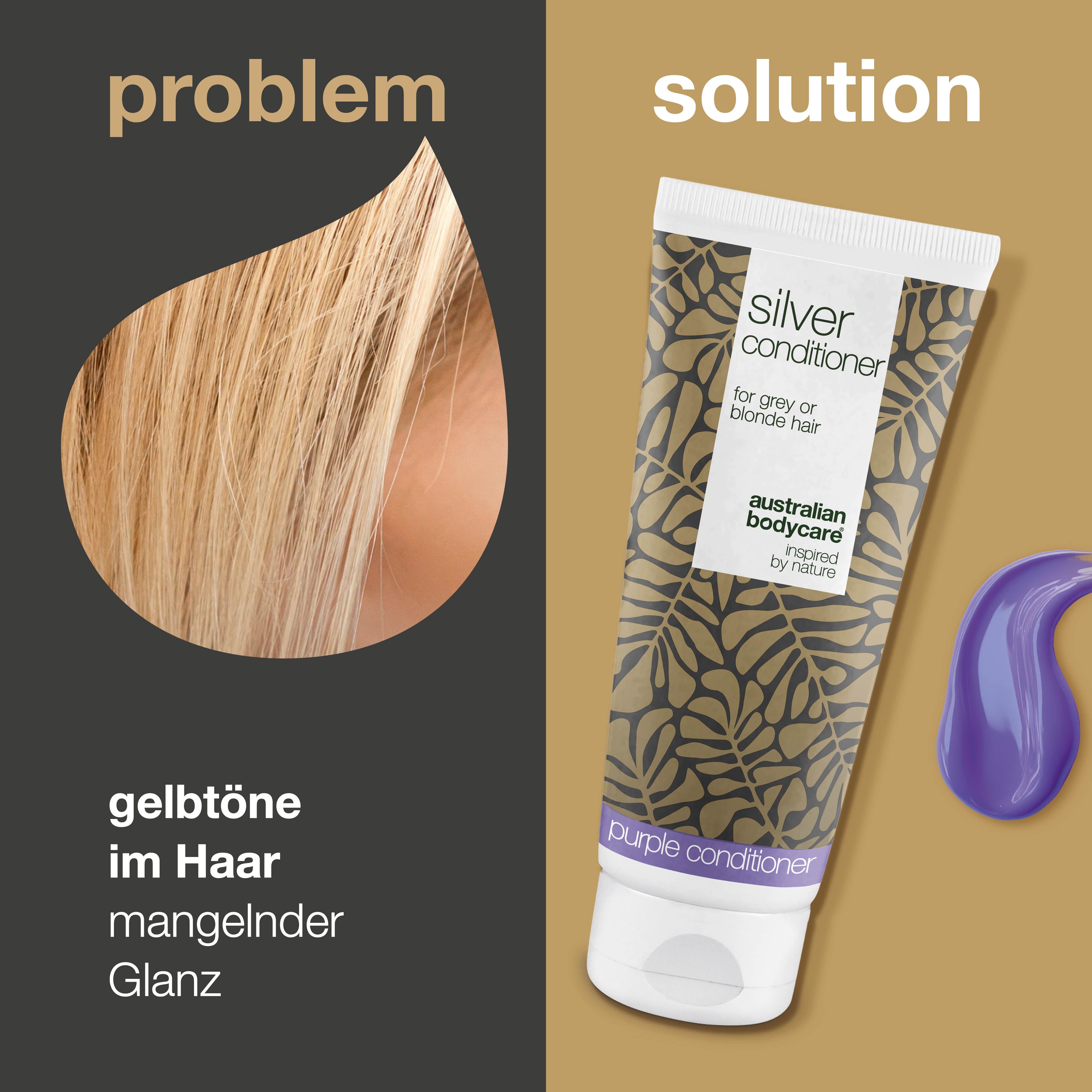 Haarsträhne und Tube mit Conditioner. Text: Silver Conditioner. Marke: Australian Bodycare. Lösung: Gelbstich wird entfernt.