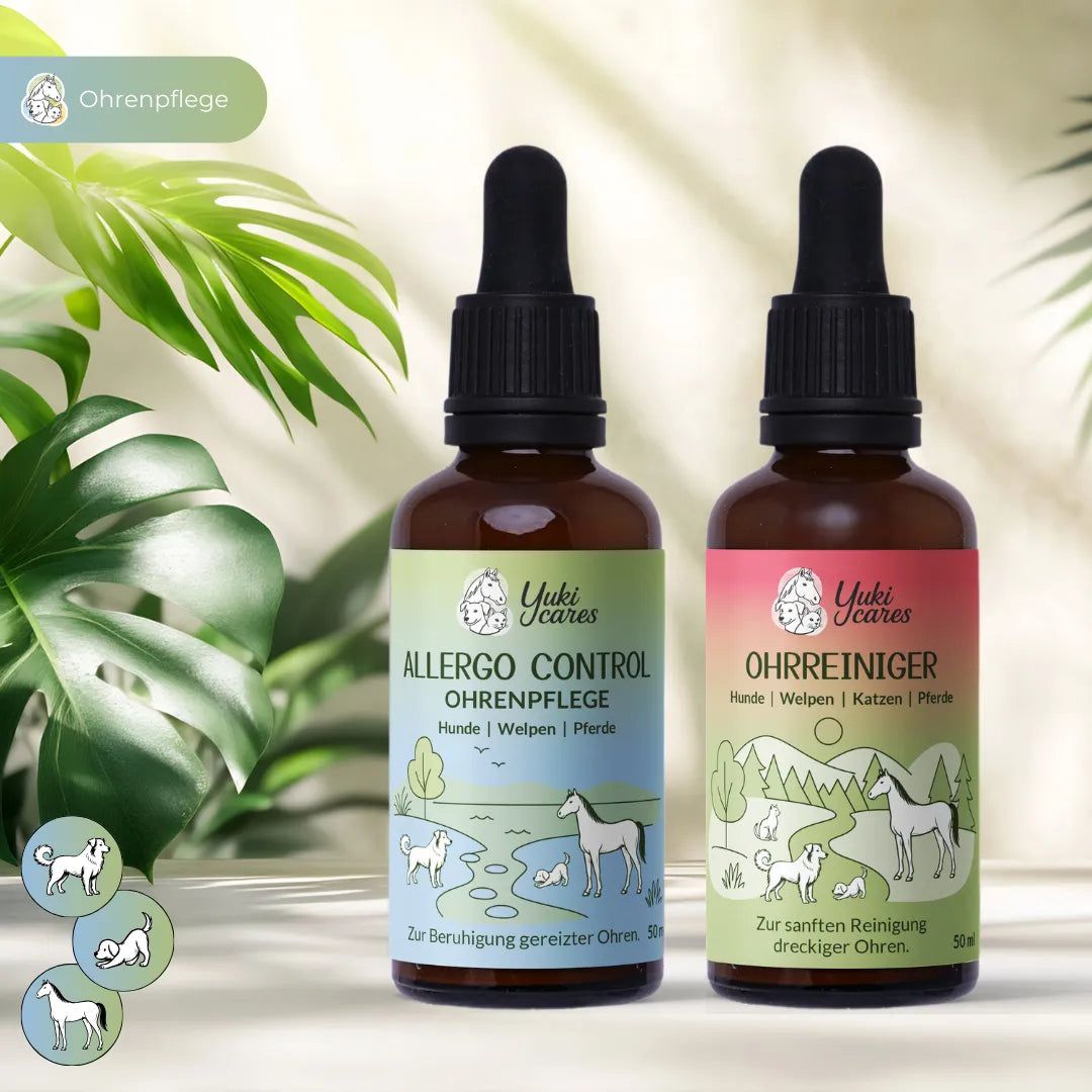 Zwei braune Flaschen mit Tropfern. Auf den Etiketten: Allergo Control und Ohrreiniger. Grün und rosa Etiketten mit Illustrationen.