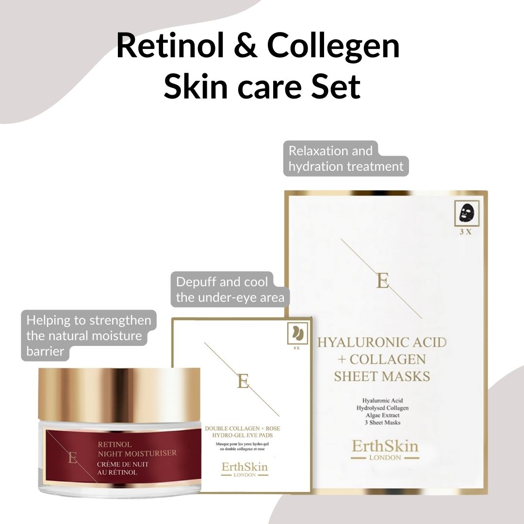 Ensemble crème, patchs yeux et masques. Inscription : ErthSkin London, Crème de nuit au rétinol, Masques en feuille à l'acide hyaluronique + collagène.
