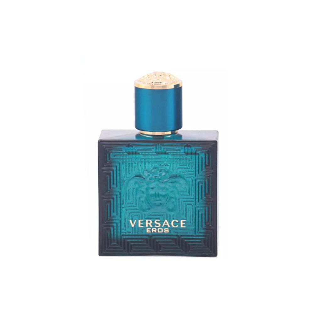 Türkisfarbener Flakon mit Reliefmuster und goldfarbenem Verschluss. Schriftzug Versace Eros.