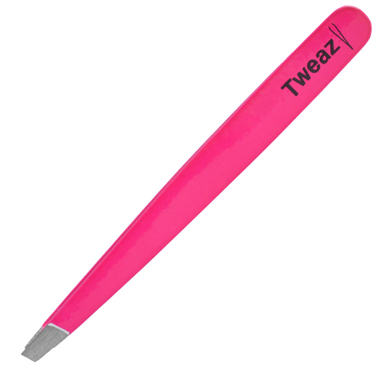 Neonpinke Pinzette mit schräger Spitze. Tweezy-Logo. Rostfreier Edelstahl.