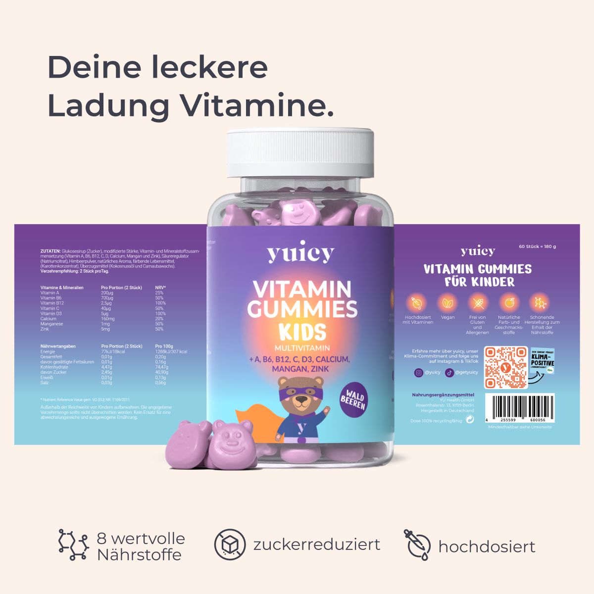 Flasche mit Vitamin-Gummis und Zutatenliste. Aufschrift: yuicy Vitamin Gummies Kids. 8 wertvolle Nährstoffe.