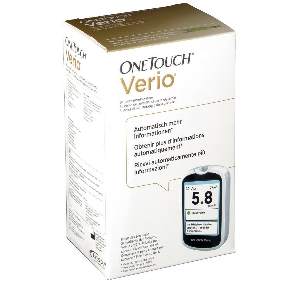 OneTouch Verio-Verpackung. Aufdrucke: Produktname, Bedienungsanleitung, Abbildung eines Blutzuckermessgeräts mit Wert 5.8, Text.
