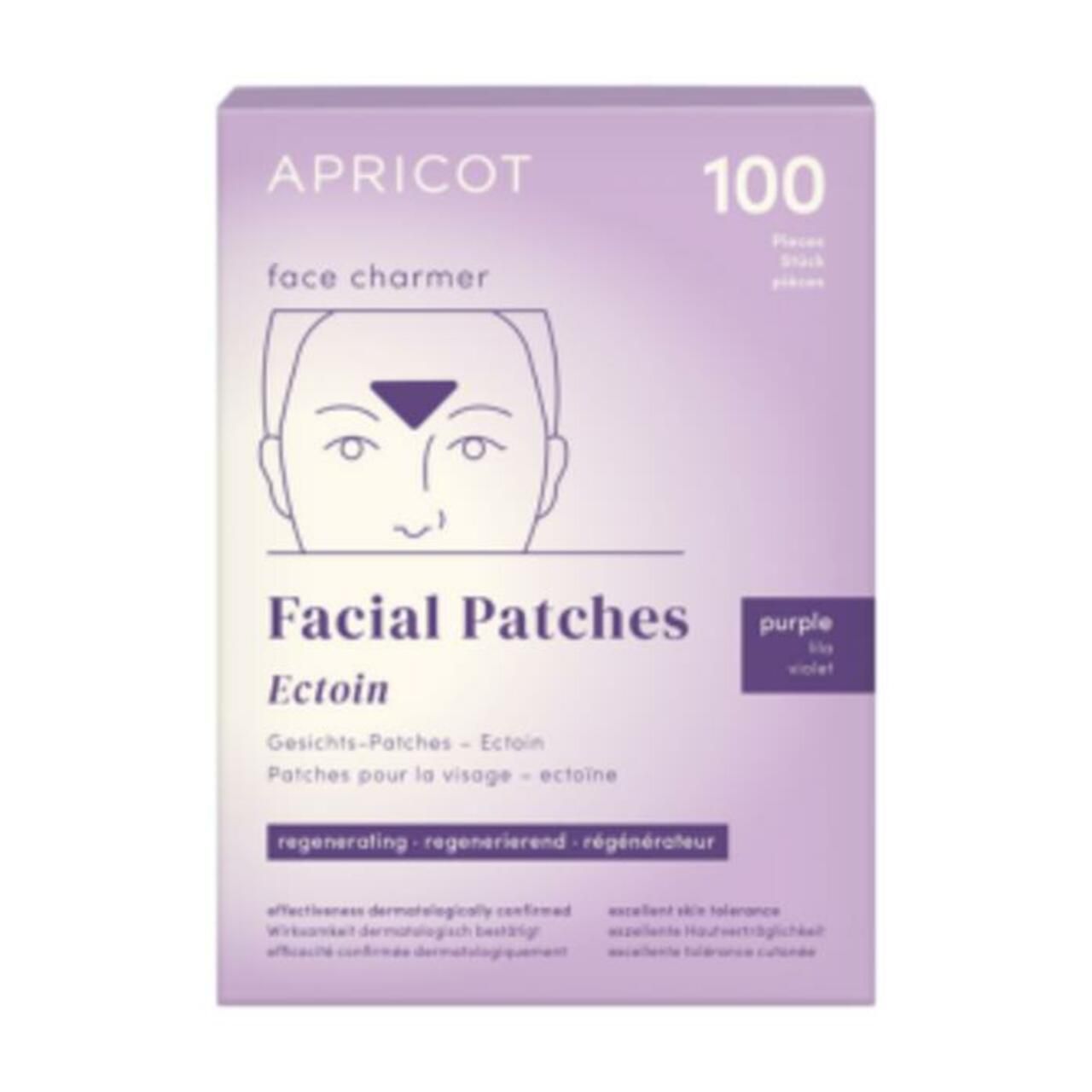 Packung mit 100 lila Gesichtspflastern. Marke: APRICOT. Aufdruck: Facial Patches, Ectoin.