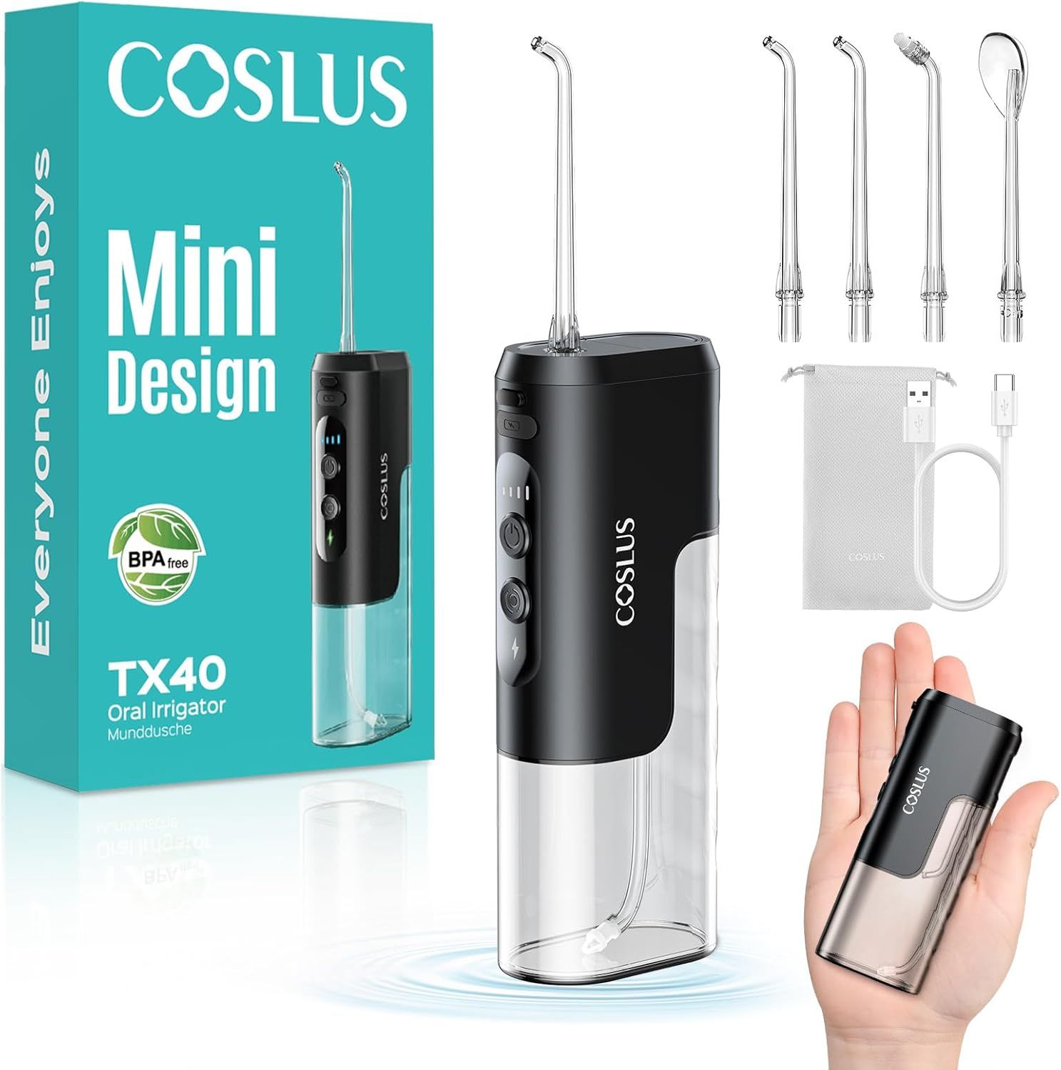 COSLUS Mini Munddusche, Verpackung und Zubehör. Enthält Munddusche, Düsen, Beutel, USB-Kabel. Text: TX40 Oral Irrigator.