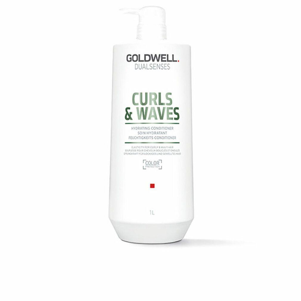Weiße Flasche mit Pumpe. Aufschrift: Goldwell Dualsenses Curls & Waves Conditioner. 1L.