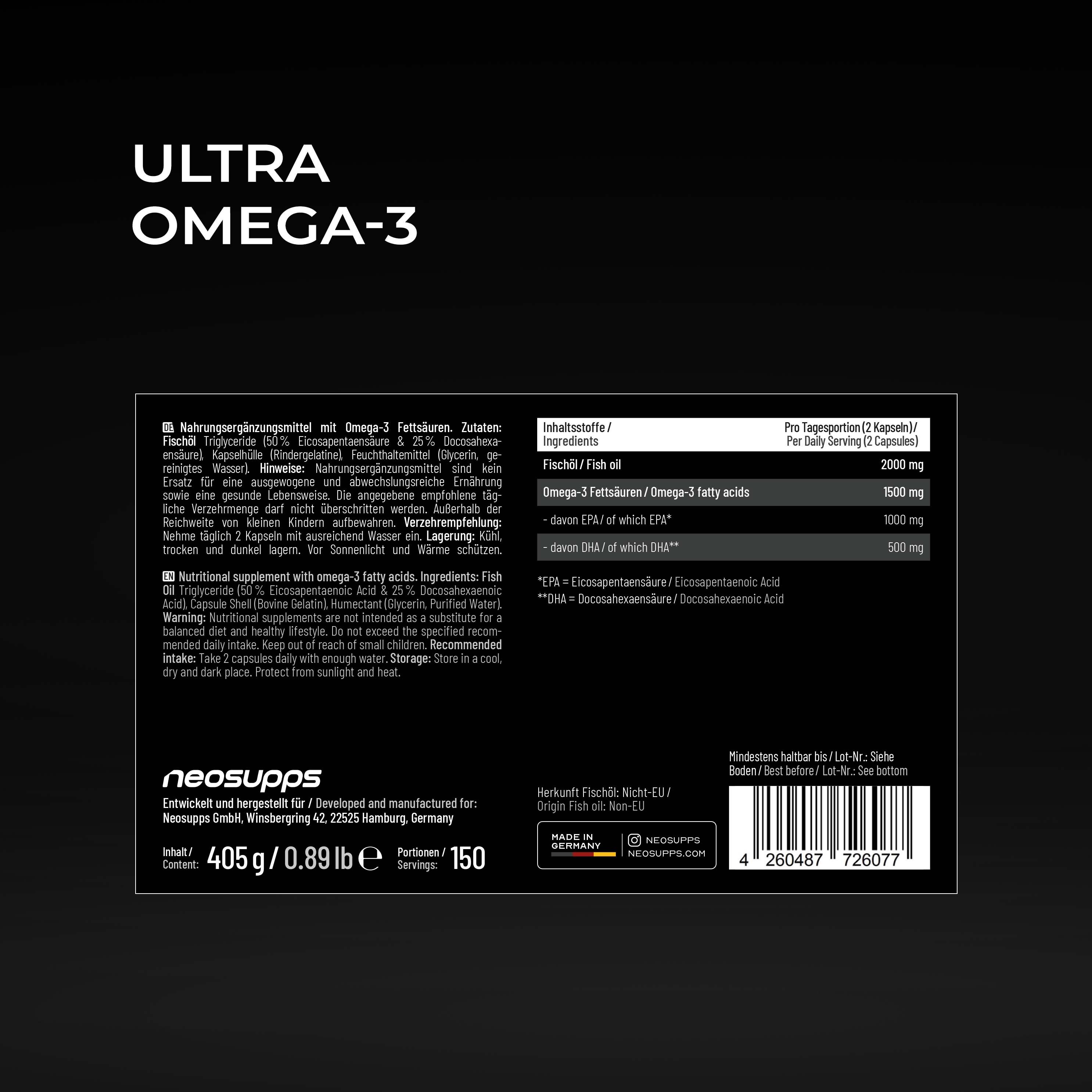 Neosupps Ultra Omega 3 Kapseln, hochdosiert, EPA & DHA, für Herz, Gehirn und Körper