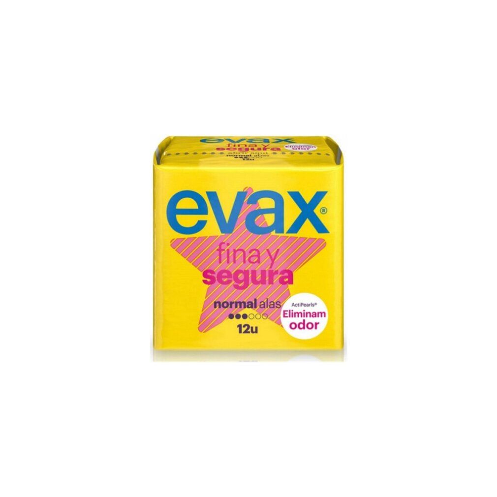 Gelbe Verpackung mit blauem Schriftzug "evax fina y segura normal alas 12u". Rosa Stern. ActiPearls: Elimina o odor.