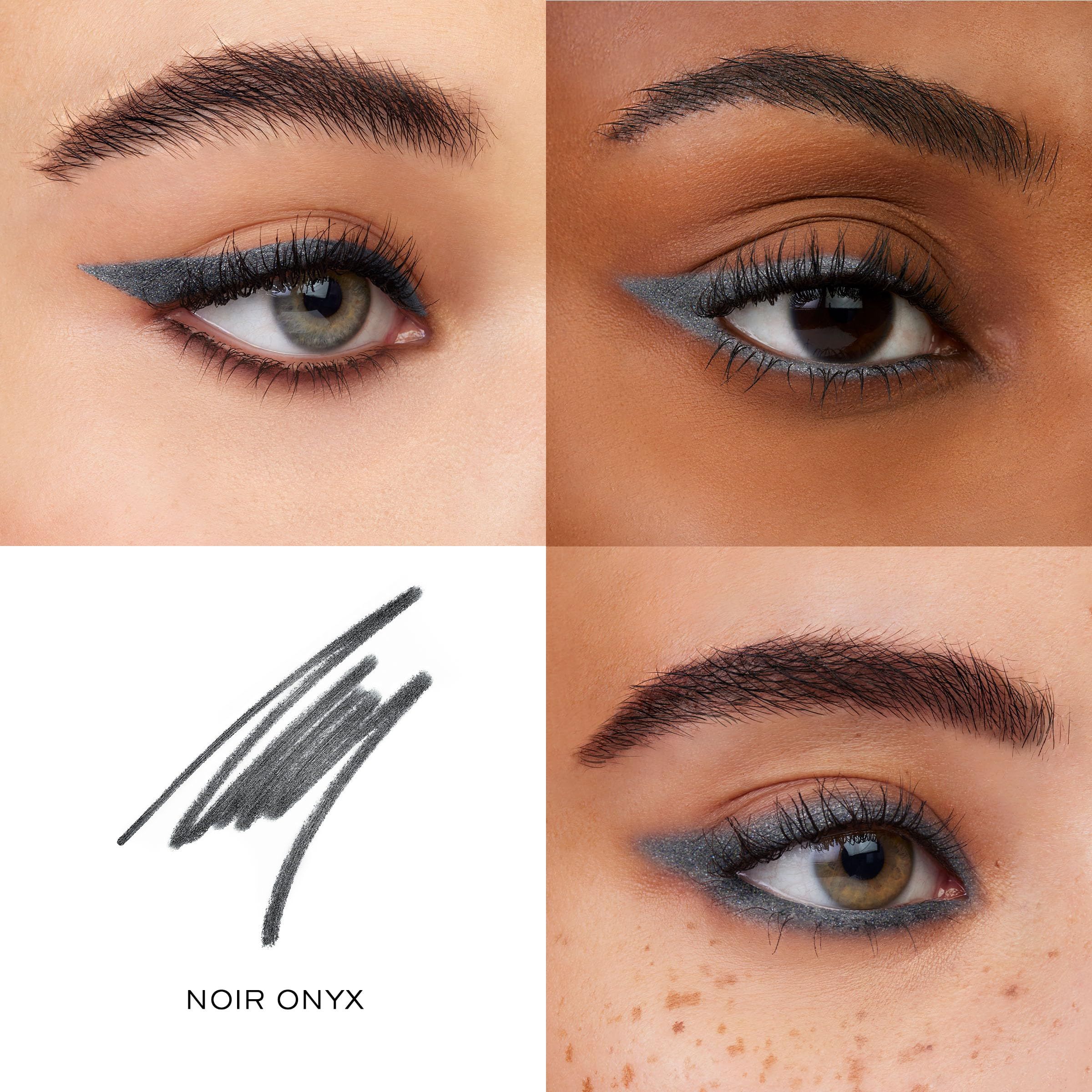Nahaufnahmen von Augen mit Eyeliner. Text: NOIR ONYX.