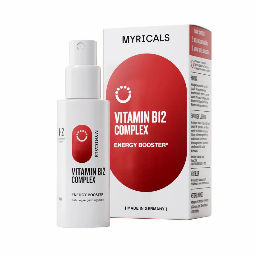 Vitamin B12 Complex Flasche und Verpackung. Weißes Spray, rote Etiketten. Aufschrift: Energy Booster.