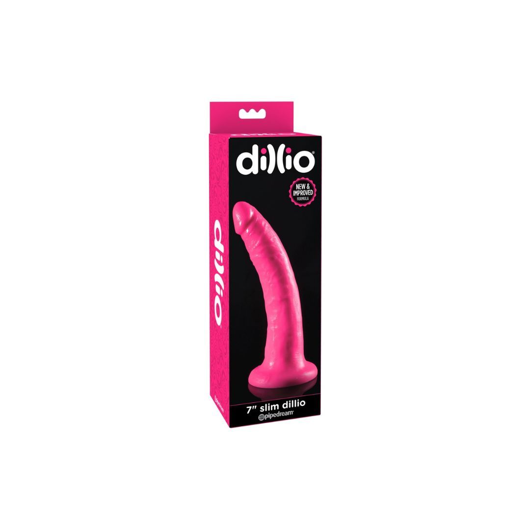 Rosa Dillio Dildo in Verpackung. Aufschrift: "7" slim dillio".