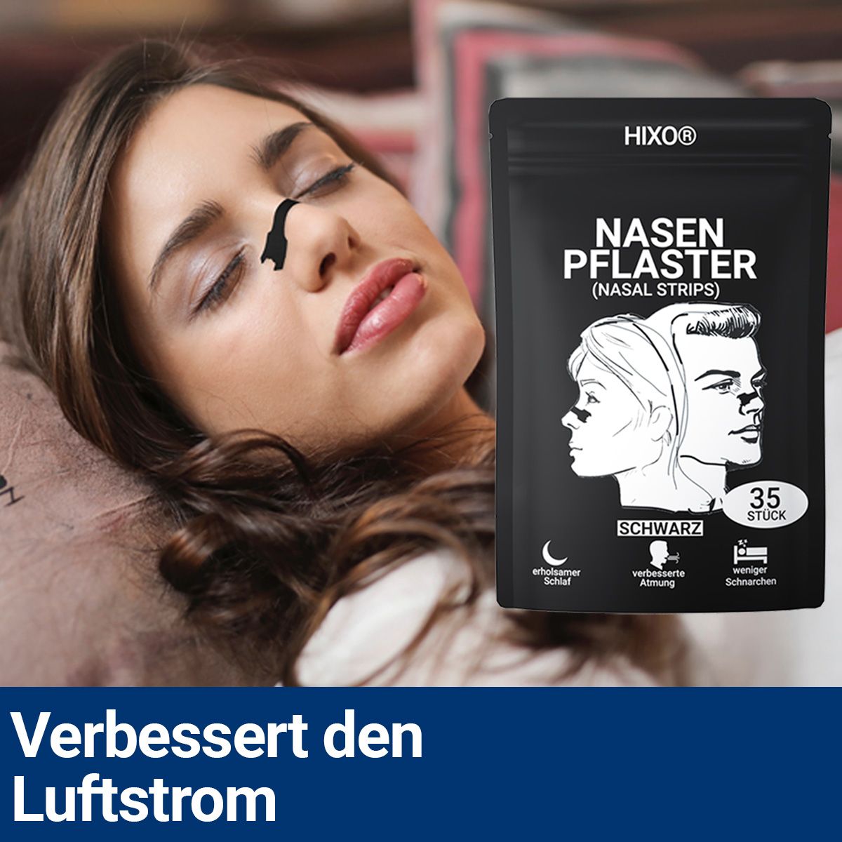 Frau schläft mit Nasenpflaster. Verpackung mit Nasenpflastern daneben. Text: HIXO, Nasenpflaster, 35 Stück. Schlaf, Atmung, Schnarchen. Verbessert den Luftstrom.