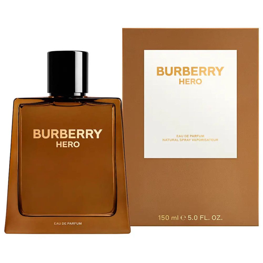 Burberry Hero E.d.P. Nat. Spray. Flakon und Verpackung. Brauner Flakon mit schwarzem Verschluss. 150 ml.