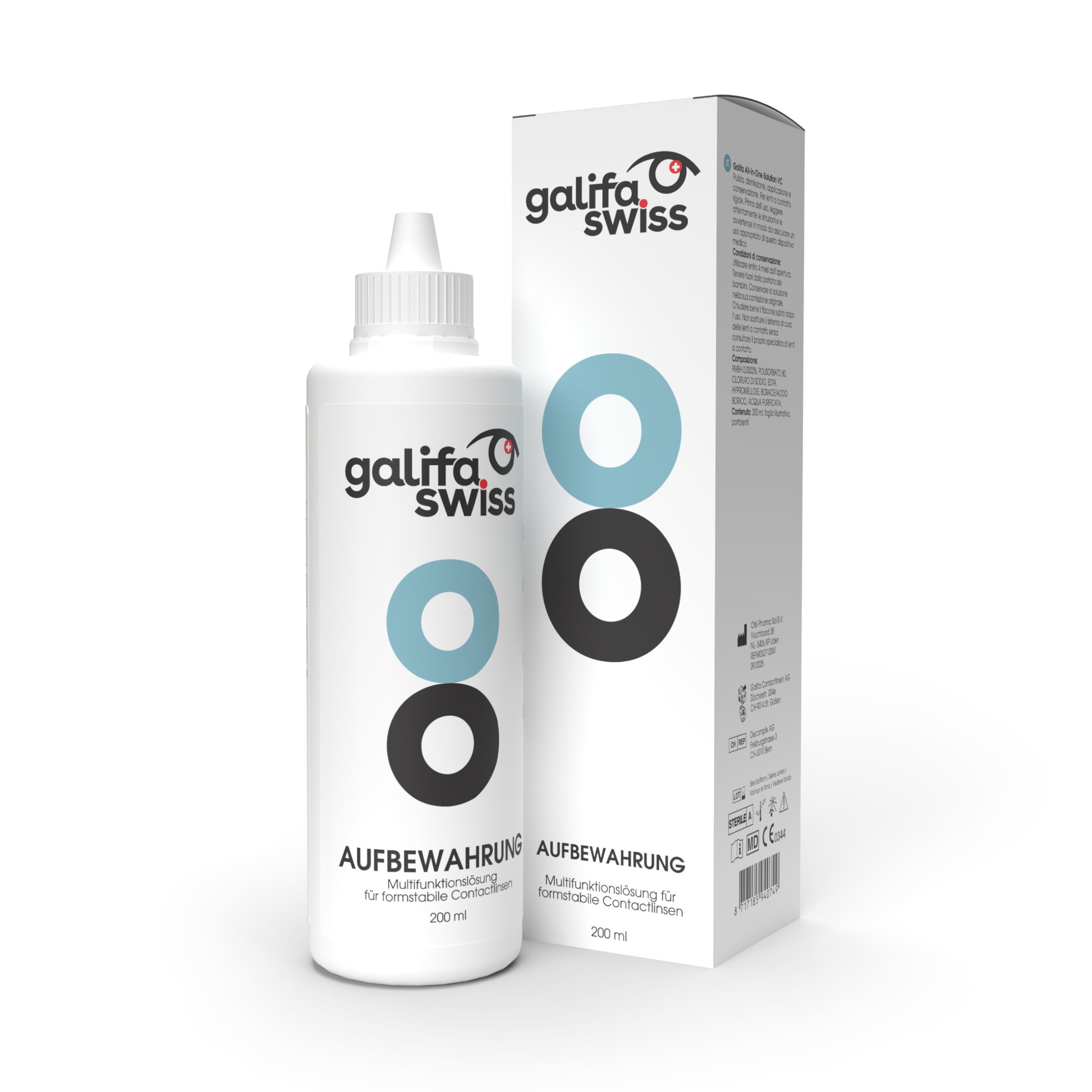 Galifa Multifunktionslösung Flasche und Verpackung. Flasche mit blau-schwarzen Kreisen, Verpackung mit Logo und Produktinformationen.