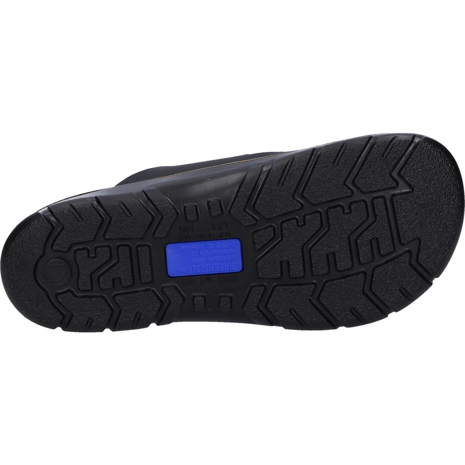 Schwarze Birkenstock Bilbao Pantolette. Unterseite der Sohle mit Profil und blauem Einsatz.