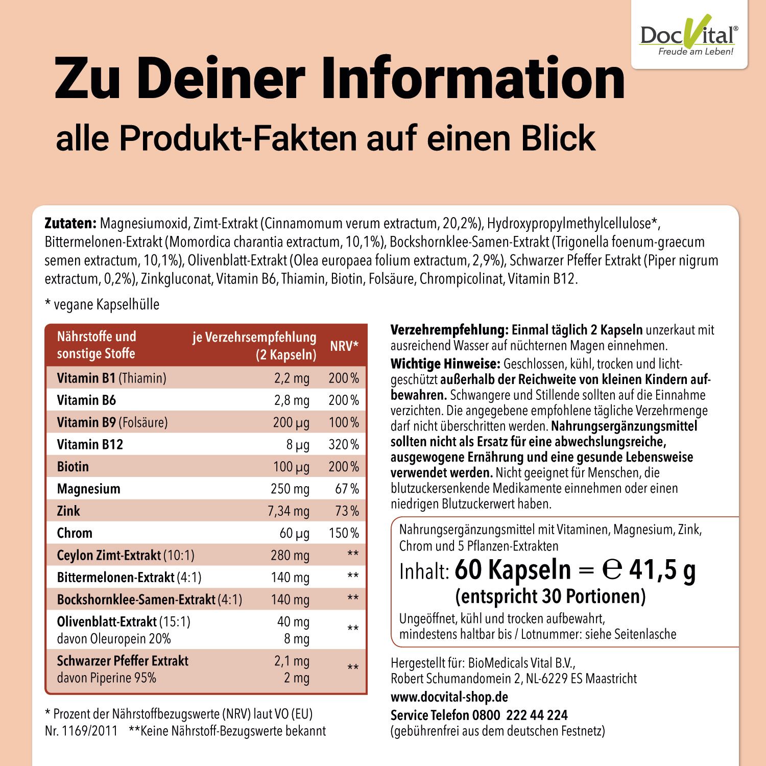Blutzucker Komplex 60 vegane Kapseln mit u.a. Ceylon Zimt, Chrom, Magnesium DocVital®