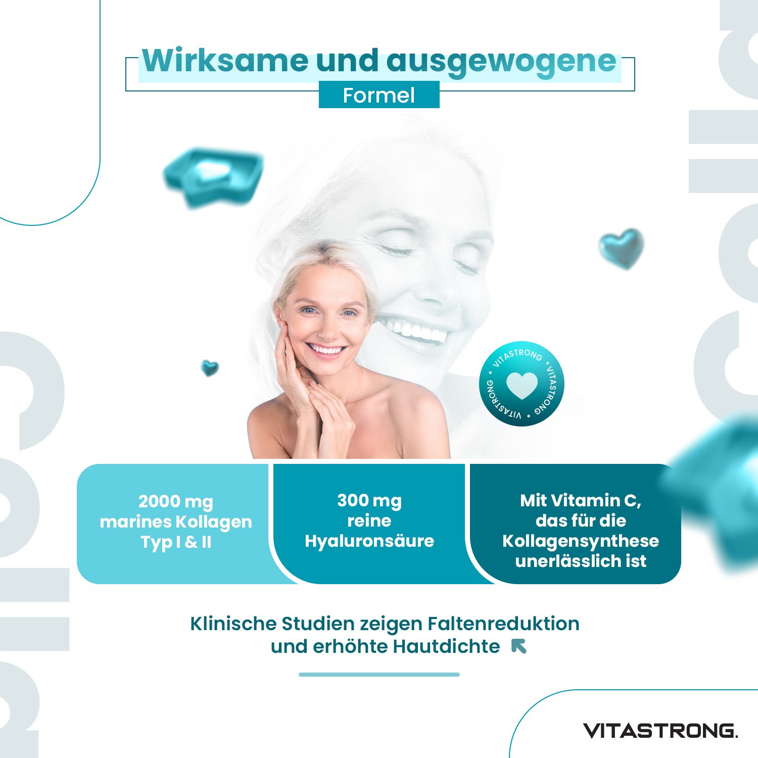 Blau-weißes Werbebild mit Frau. Text: 2000 mg marines Kollagen Typ 1&2, 300 mg Hyaluronsäure, Vitamin C. Faltenreduktion.