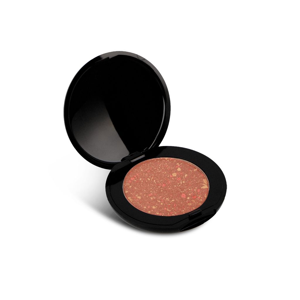 Runder, offener Blush-Kompaktpuder mit schwarzem Deckel. Der Puder ist orangefarben mit subtiler Oberfläche.