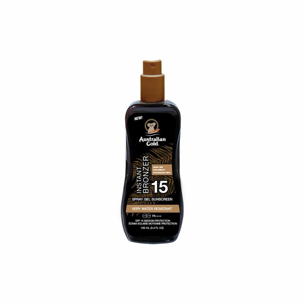 Schwarze Sprühflasche mit braunem Deckel. Aufschrift: Australian Gold, Instant Bronzer, 15, Spray Gel Sunscreen. Sehr wasserfest.