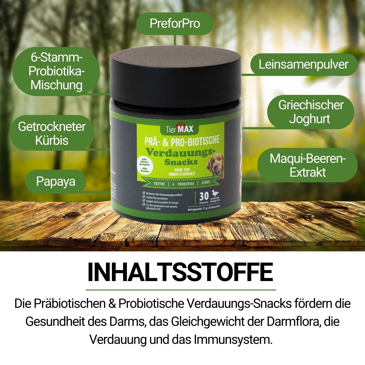 TierMax Prä- & Probiotische Verdauungs-Snacks. Dose auf Holz. Zutaten: Kürbis, Joghurt, Leinsamen, Papaya, etc. 30 Snacks.