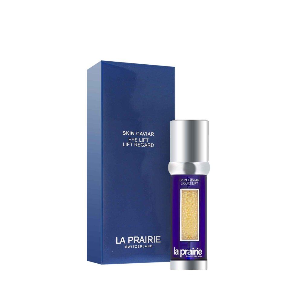 Blau-silberne Flasche mit Caviar-Kapseln. Aufschrift: Skin Caviar Eye Lift, La Prairie. Steht neben blauer Schachtel.