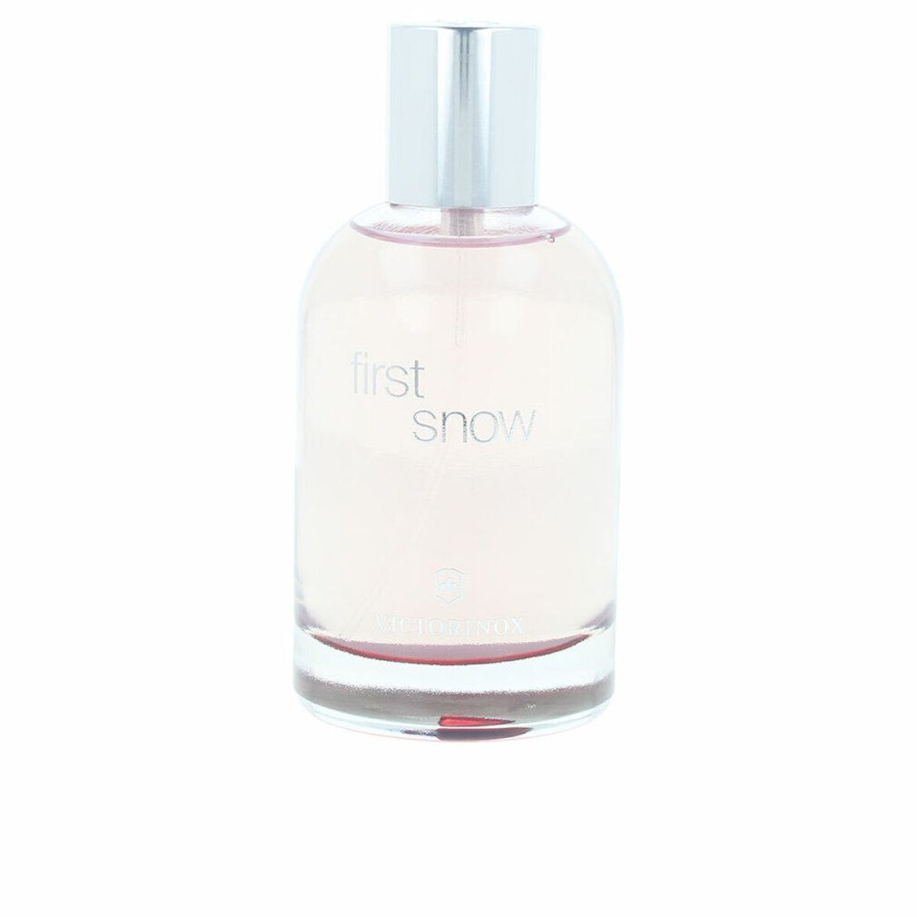 Victorinox First Snow Flakon. Transparenter Flakon mit silbernem Verschluss. Produktname und Logo auf dem Flakon.