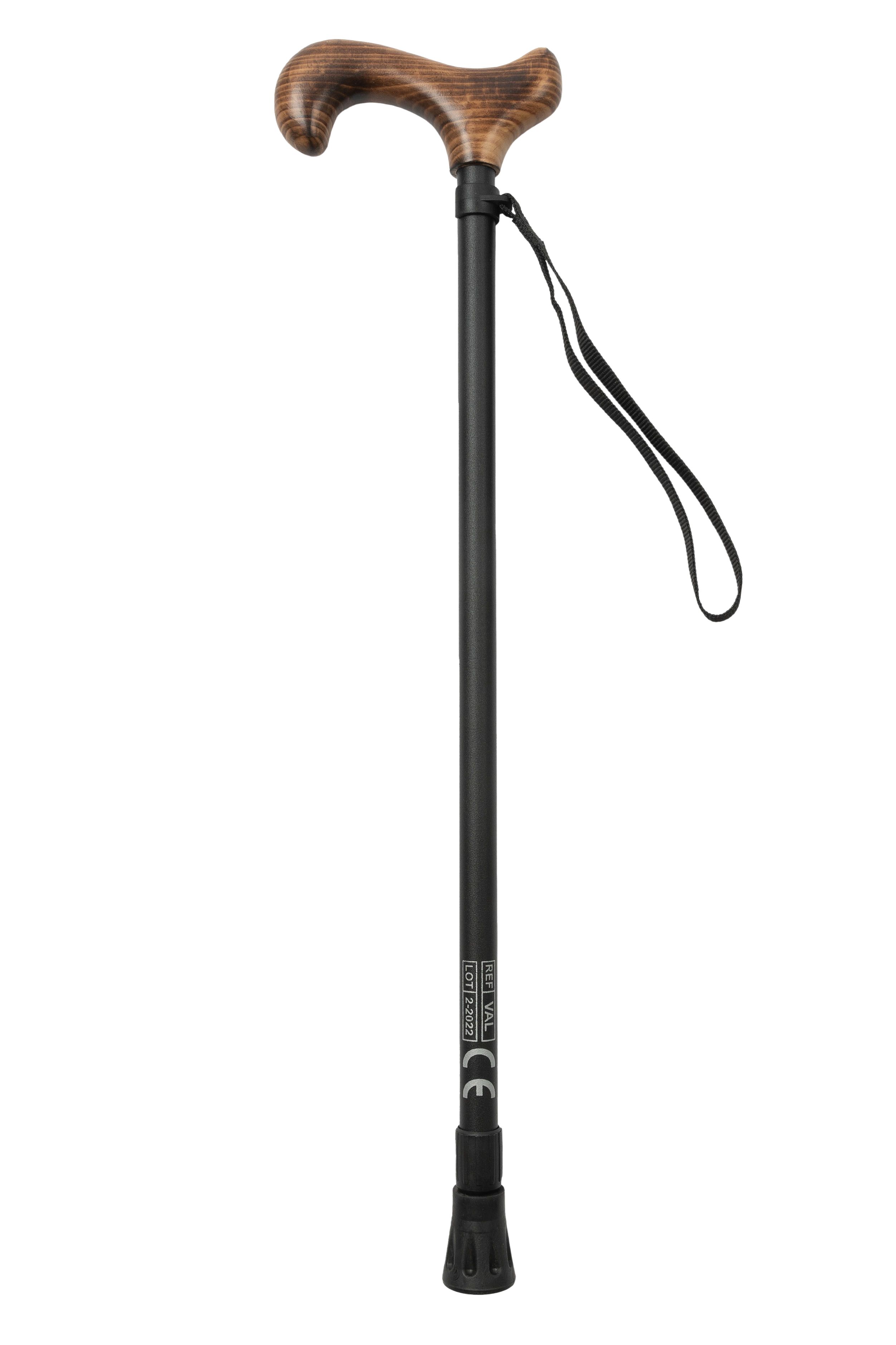 Schwarzer Gehstock mit Holzoptikgriff. Handschlaufe. CE-Kennzeichnung.