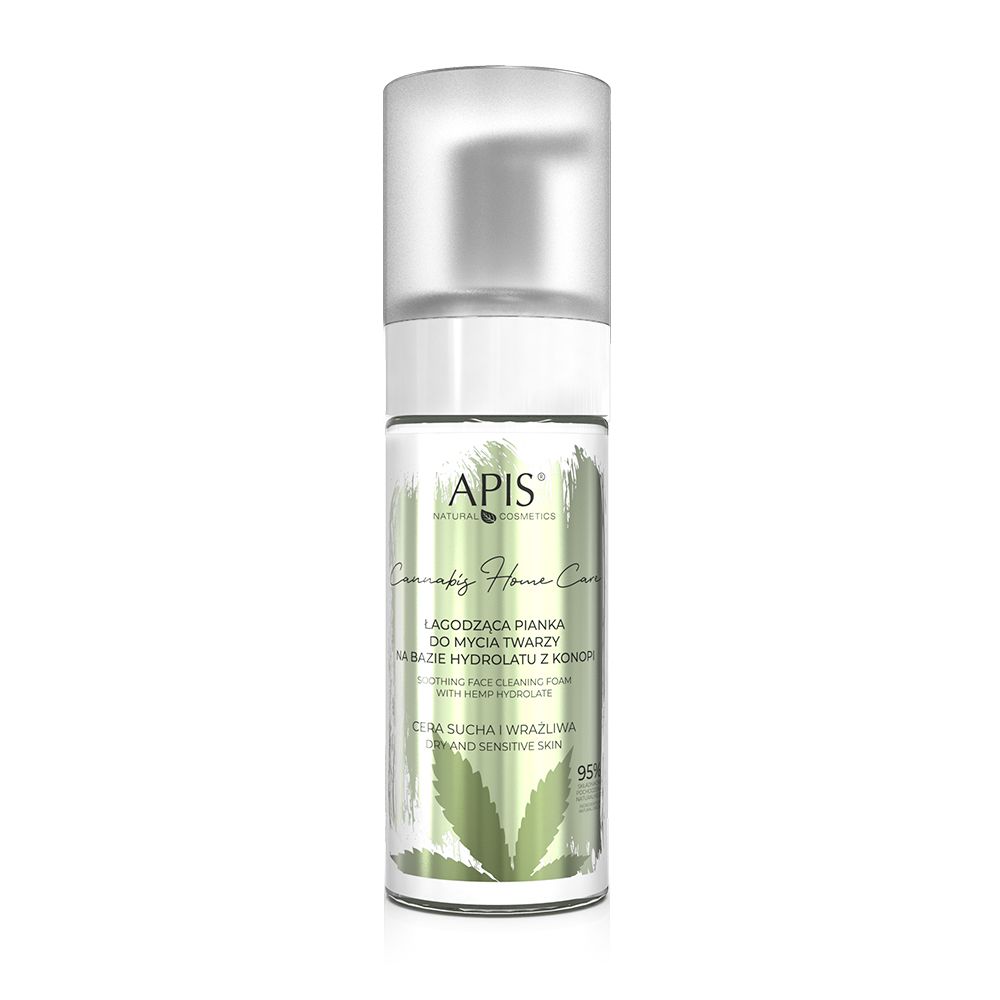 Gesichtswaschschaum-Flasche. APIS Cannabis Home Care. Mit Hanfblatt-Design. Für trockene und empfindliche Haut.