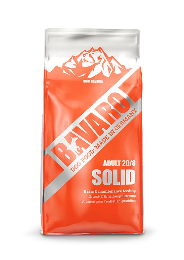 Verpackung von Bavaro Solid 20/8. Orangefarbener Beutel mit weißem Logo und Text. Enthält Informationen zu Inhaltsstoffen und Fütterung.