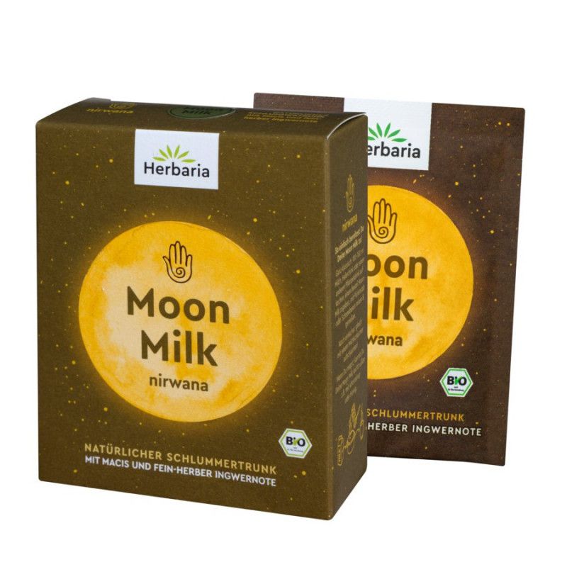 Zwei Kartons "Moon Milk nirwana" von Herbaria. Aufdruck: gelber Mond, Schriftzug, Bio-Siegel. Natürlicher Schlummertrunk.