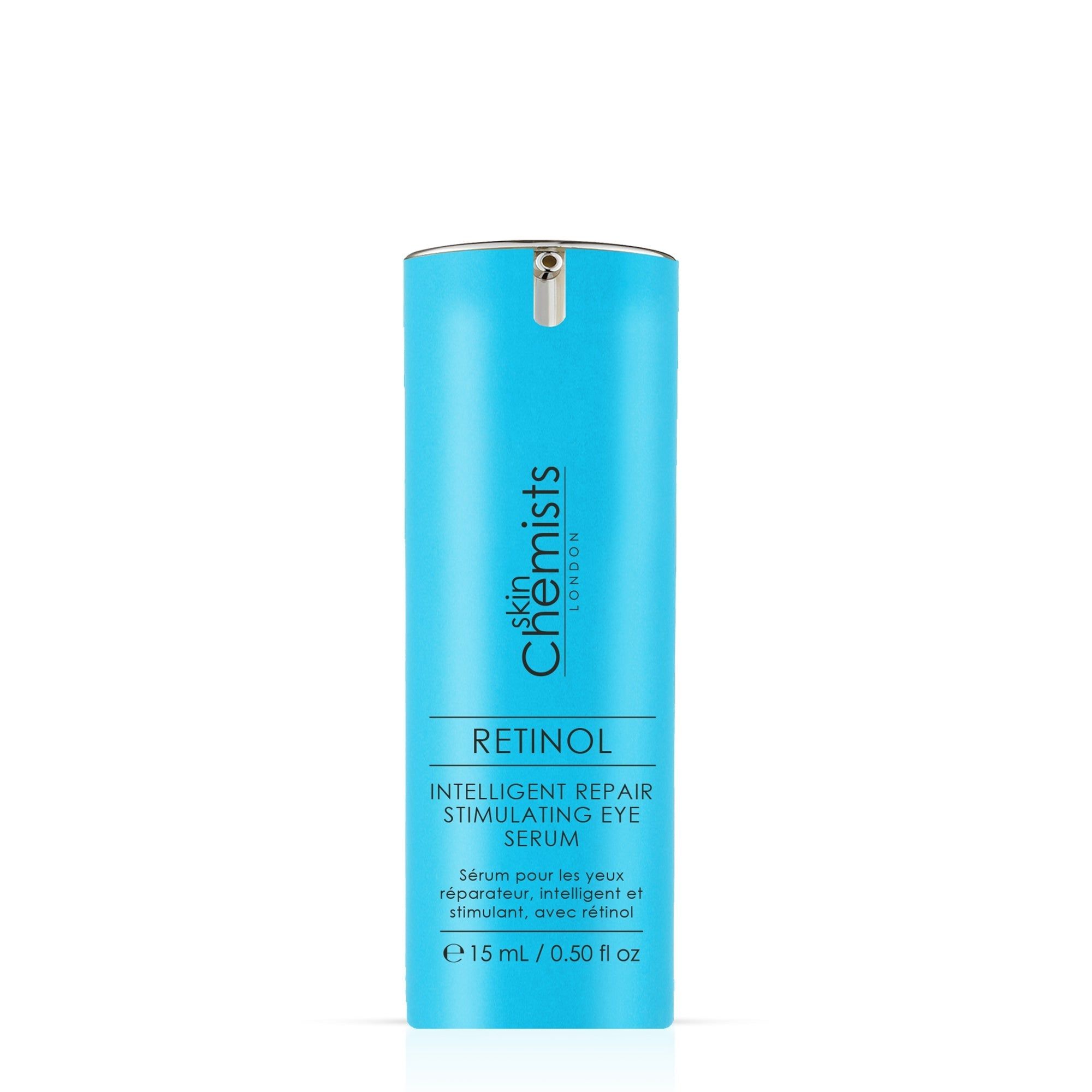 Blaues Augenserum mit Text: Retinol Intelligent Repair Stimulating Eye Serum. Marke: skinChemists London.
