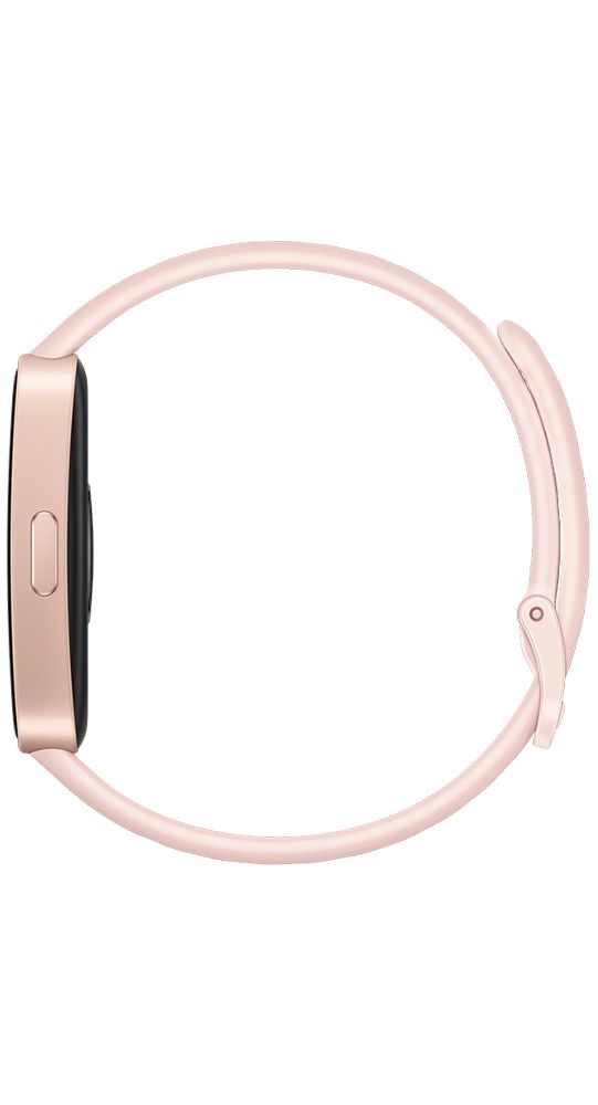 Fitness-Tracker, Seitenansicht. Rosa Gehäuse und Armband. Schwarzes Display. Knopfelement.