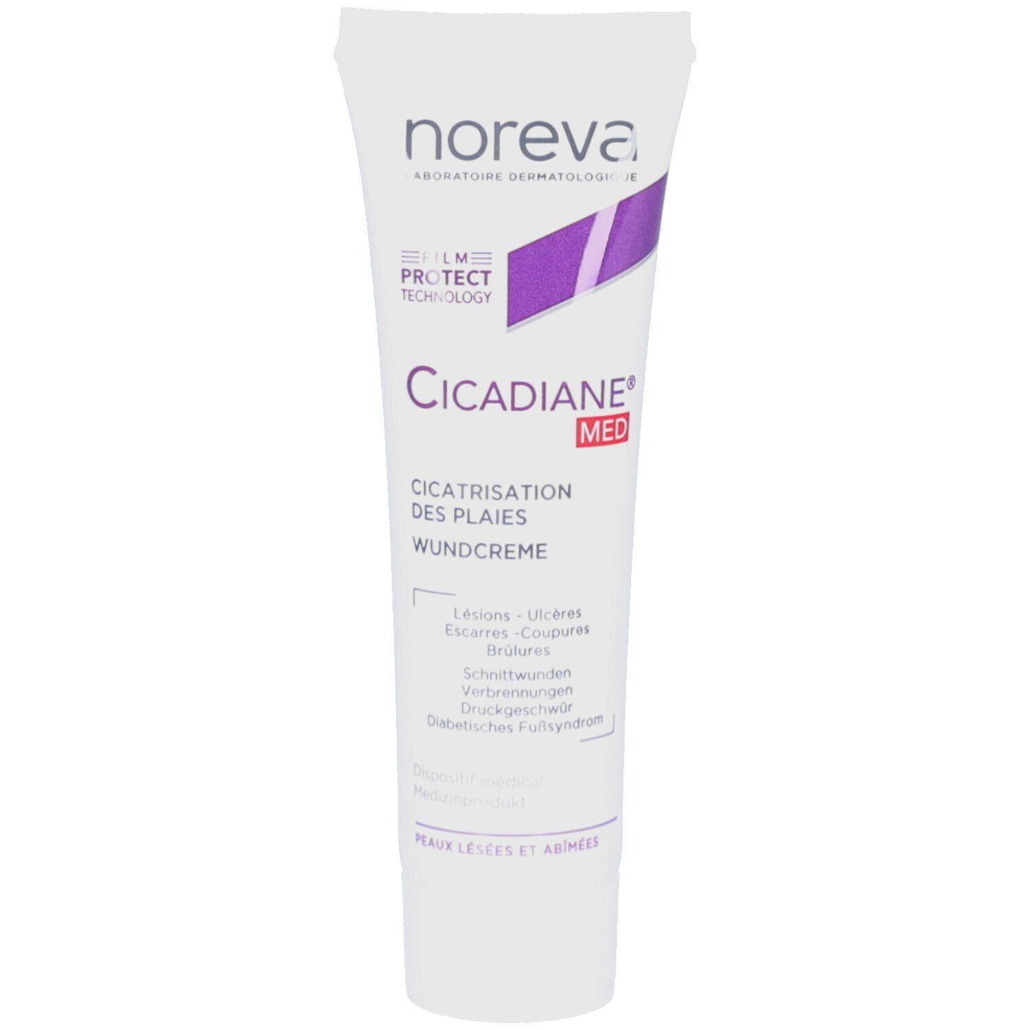 Noreva Cicadiane MED Wundcreme Tube mit lila Akzenten und Produktinformationen.