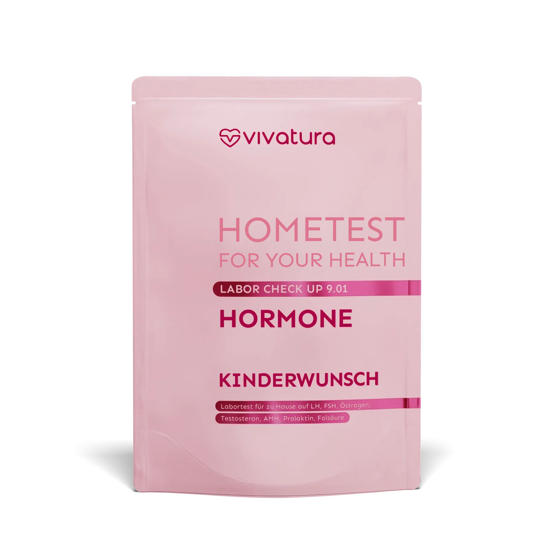 Rosa Verpackung mit vivatura® Logo. Text: Hometest, Kinderwunsch, Hormon. Labor Check-up 9.01. Enthält Informationen zu Hormonen.