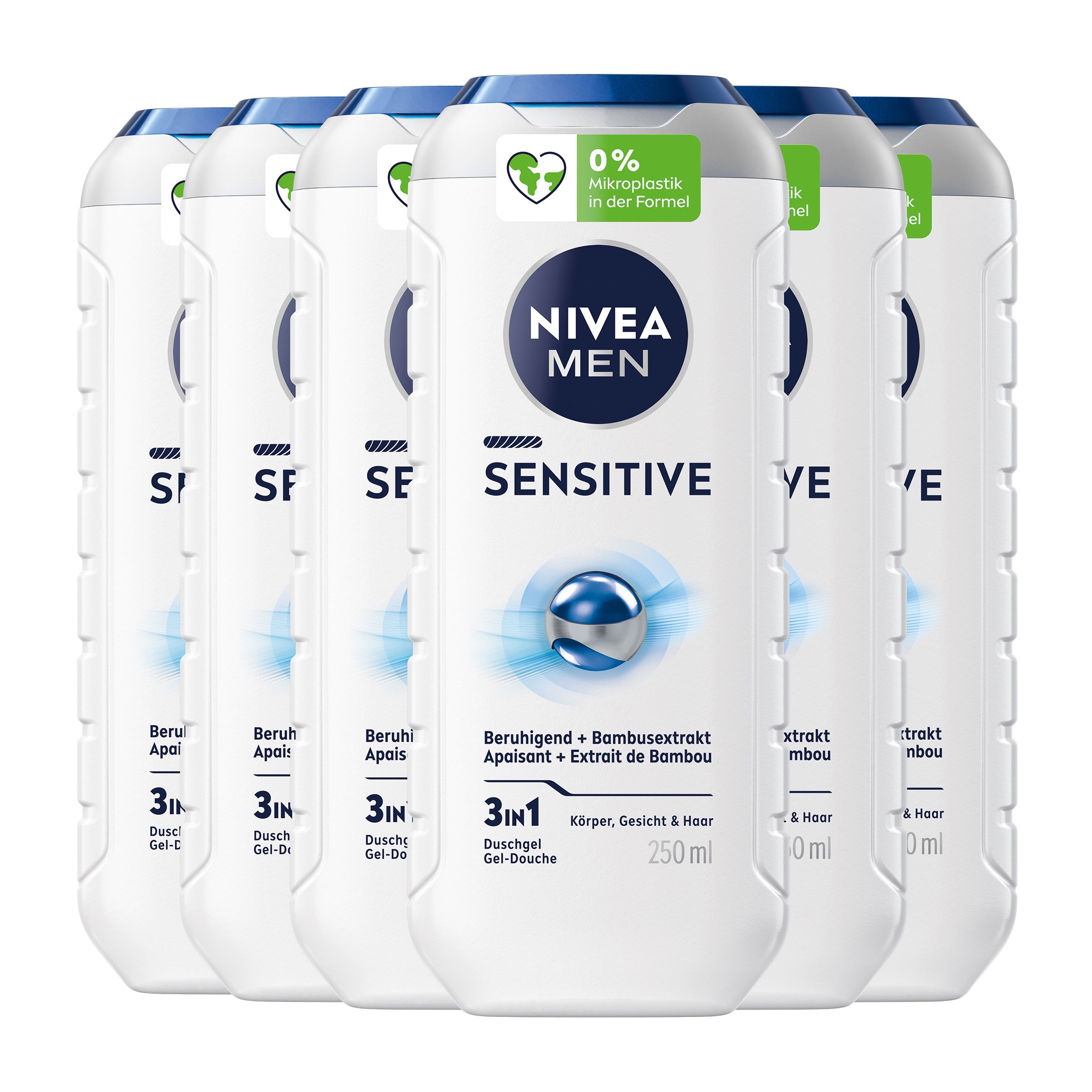 Mehrere Flaschen NIVEA MEN Sensitive Duschgel. Weiße Flaschen mit blauen Deckeln und Etiketten. Text: Sensitive, 3in1, 250 ml.