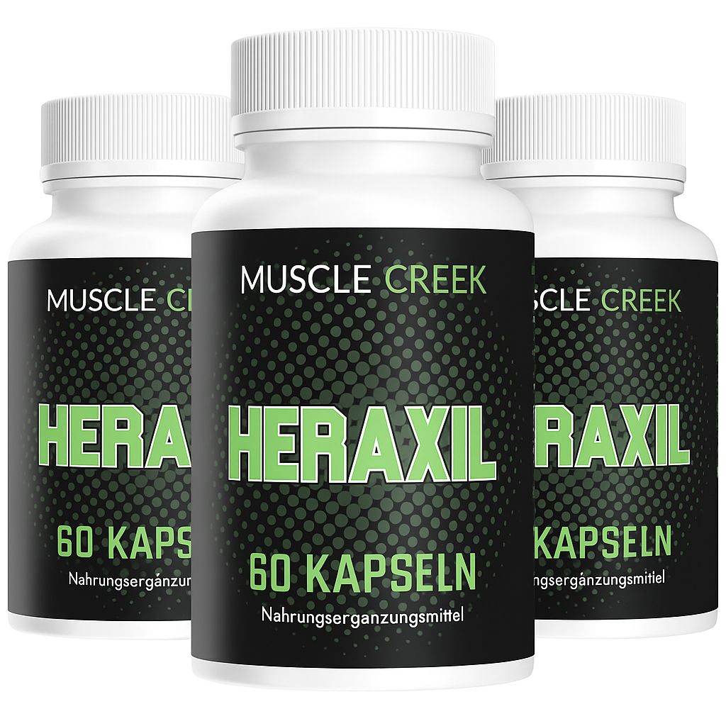 Drei weiße Flaschen mit schwarzen Etiketten. Auf den Etiketten steht "MUSCLE CREEK", "HERAXIL", "60 Kapseln" und "Nahrungsergänzungsmittel".